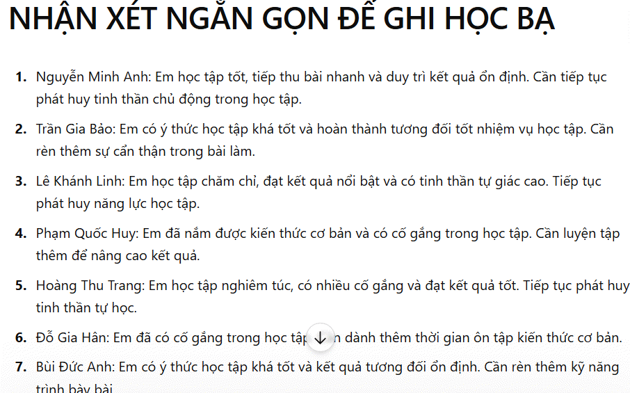 Nhận xét học sinh vào học bạ