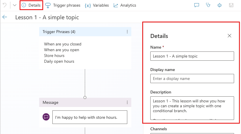 Vị trí của node Details, cũng như cách nó hiển thị tên và mô tả chủ đề.