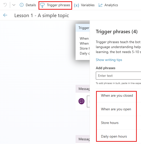 Vị trí của node Trigger phrases và cách nó hiển thị các cụm từ kích hoạt cho chủ đề này.