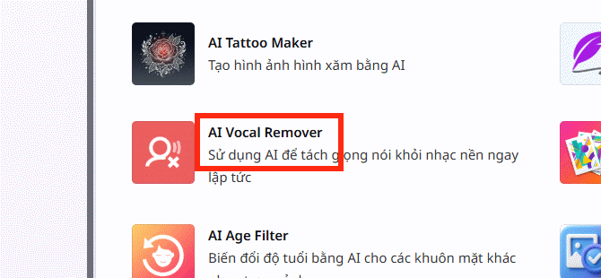 Ứng dụng AI Vocal Remover Canva 