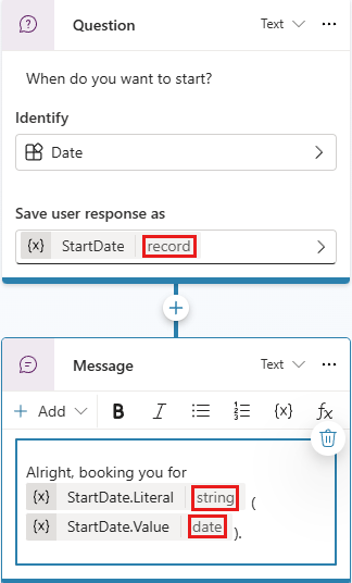 Node Question thu thập ngày, tiếp theo là một node Message với một tin nhắn sử dụng cả giá trị thực thể và giá trị của thực thể được nhận dạng.