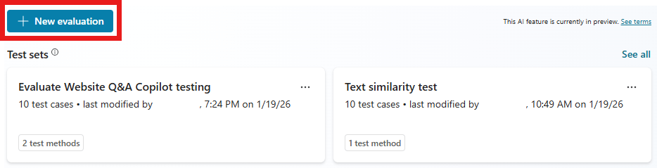 Nút New evaluation trên trang đánh giá.