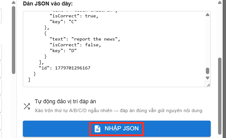 Nội dung JSON tạo game cuộc đua ngôi sao