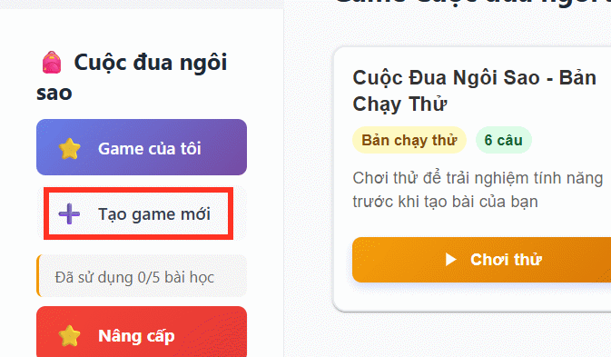 Tạo game mới cuộc đua ngôi sao