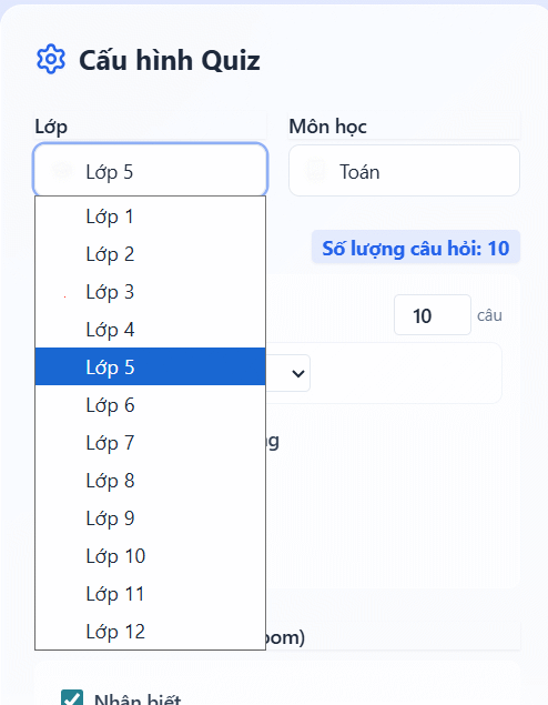Chọn môn tạo câu hỏi AI game cuộc đua ngôi sao