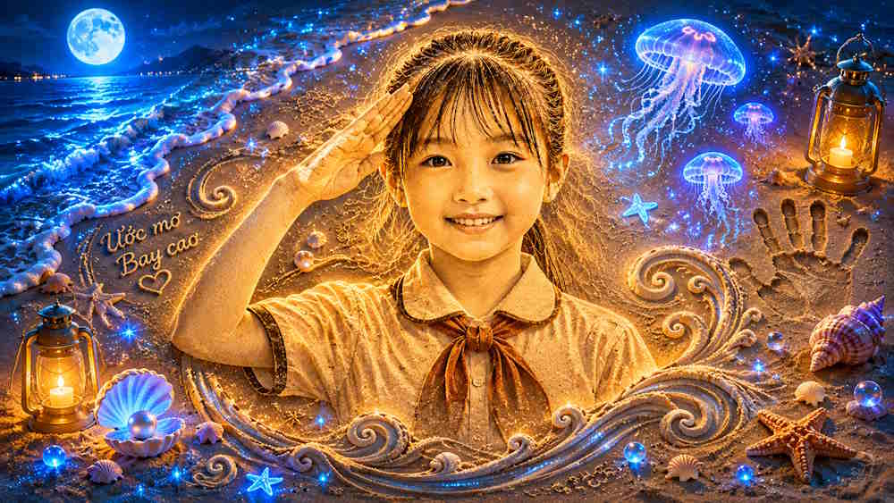 Ảnh chân dung vẽ trên cát Fantasy Biển Đêm ChatGPT