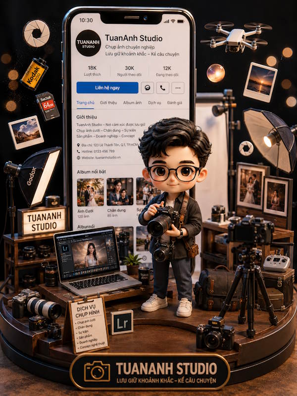Câu lệnh tạo ảnh ảnh chibi 3D fanpage cho nhiếp ảnh gia