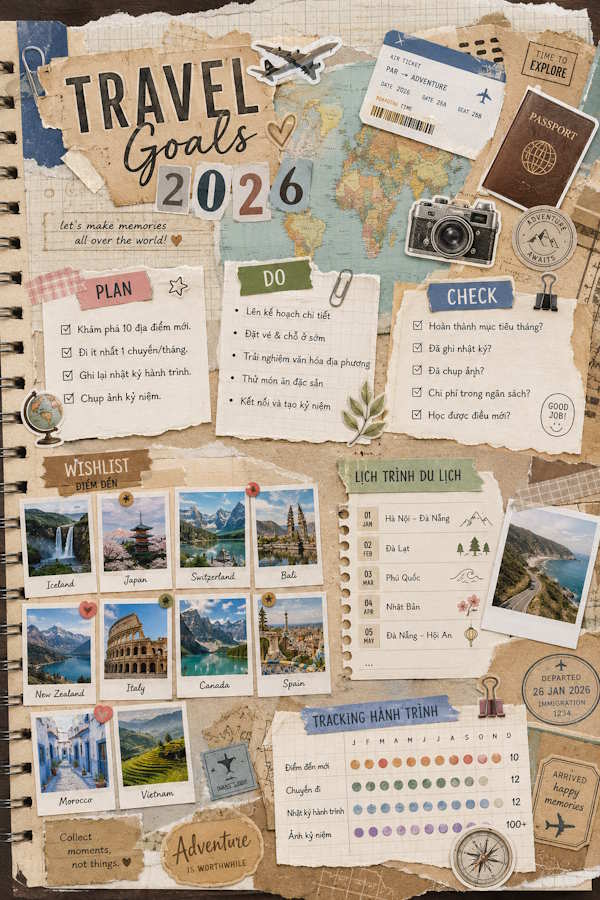 Prompt tạo ảnh mục tiêu phong cách Travel Scrapbook