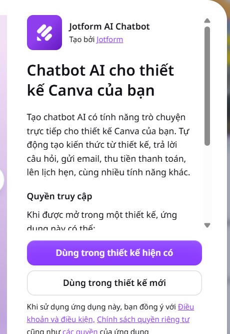 Chọn thiết kế dùng JotForm AI Chatbot trên Canva