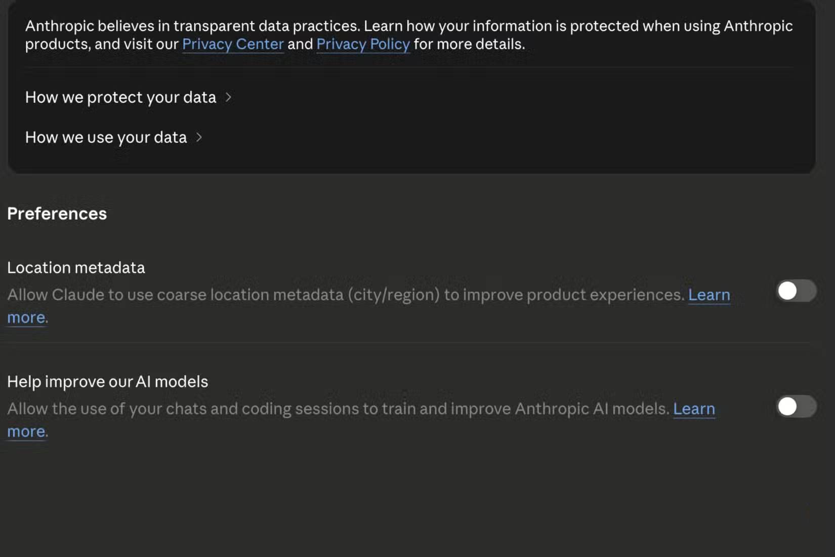 Tính năng Help improve our AI models đã bị tắt trên Claude