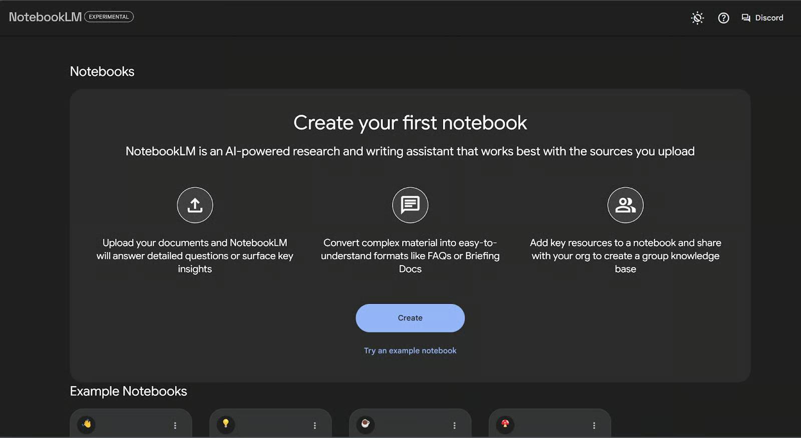 Đây là giao diện khi bạn đăng nhập vào NotebookLM lần đầu tiên.