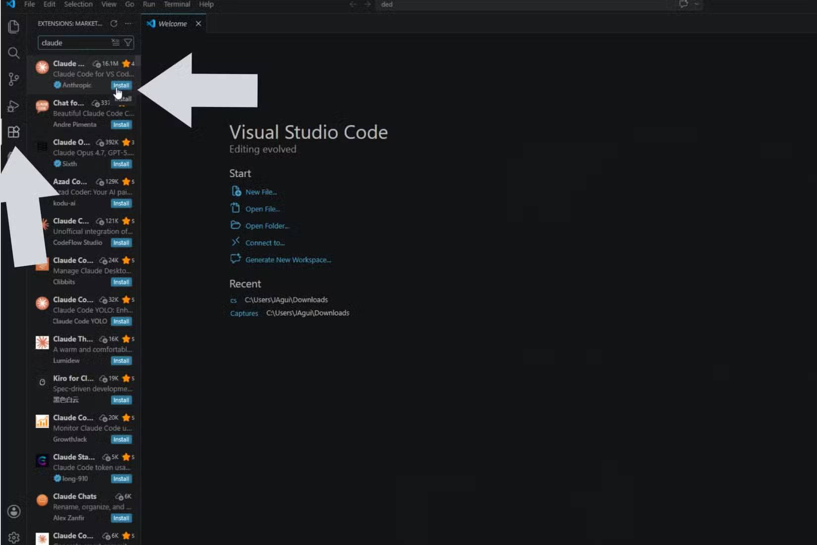 Nút cài đặt Claude extension hiển thị trên Visual Studio Code Extensions Marketplace.