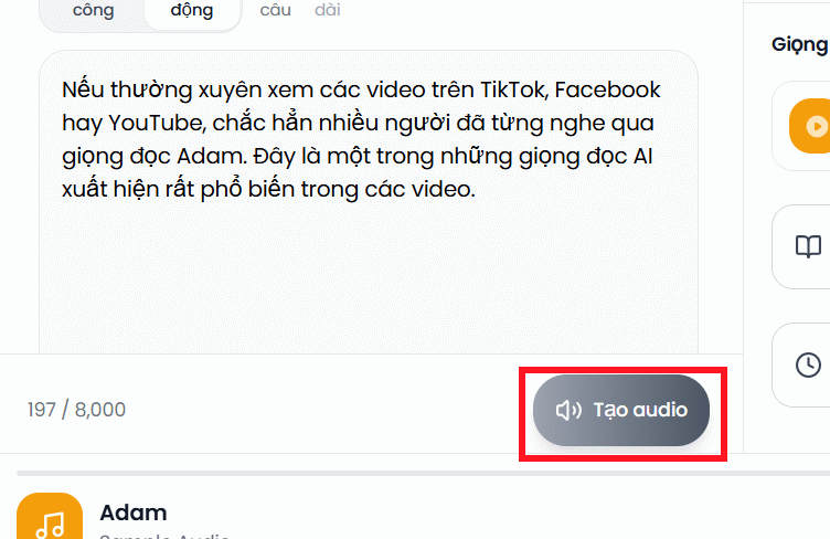 Tạo giọng đọc Admam trên vclip