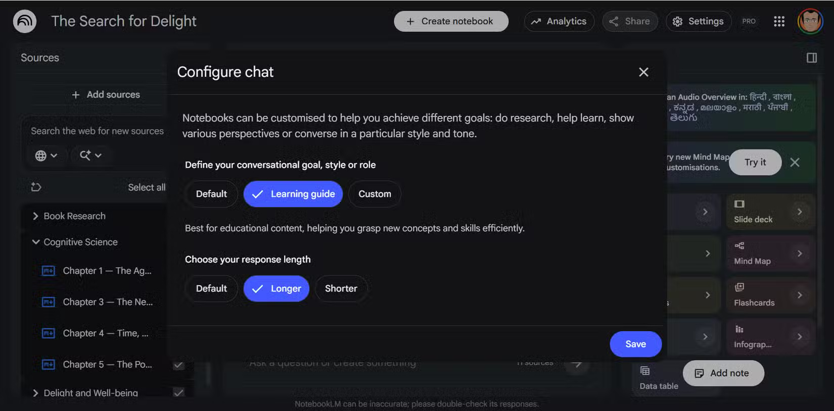 Nút chuyển đổi độ dài phản hồi trong bảng Configure Chat của NotebookLM hiển thị các tùy chọn Default, Shorter và Longer.
