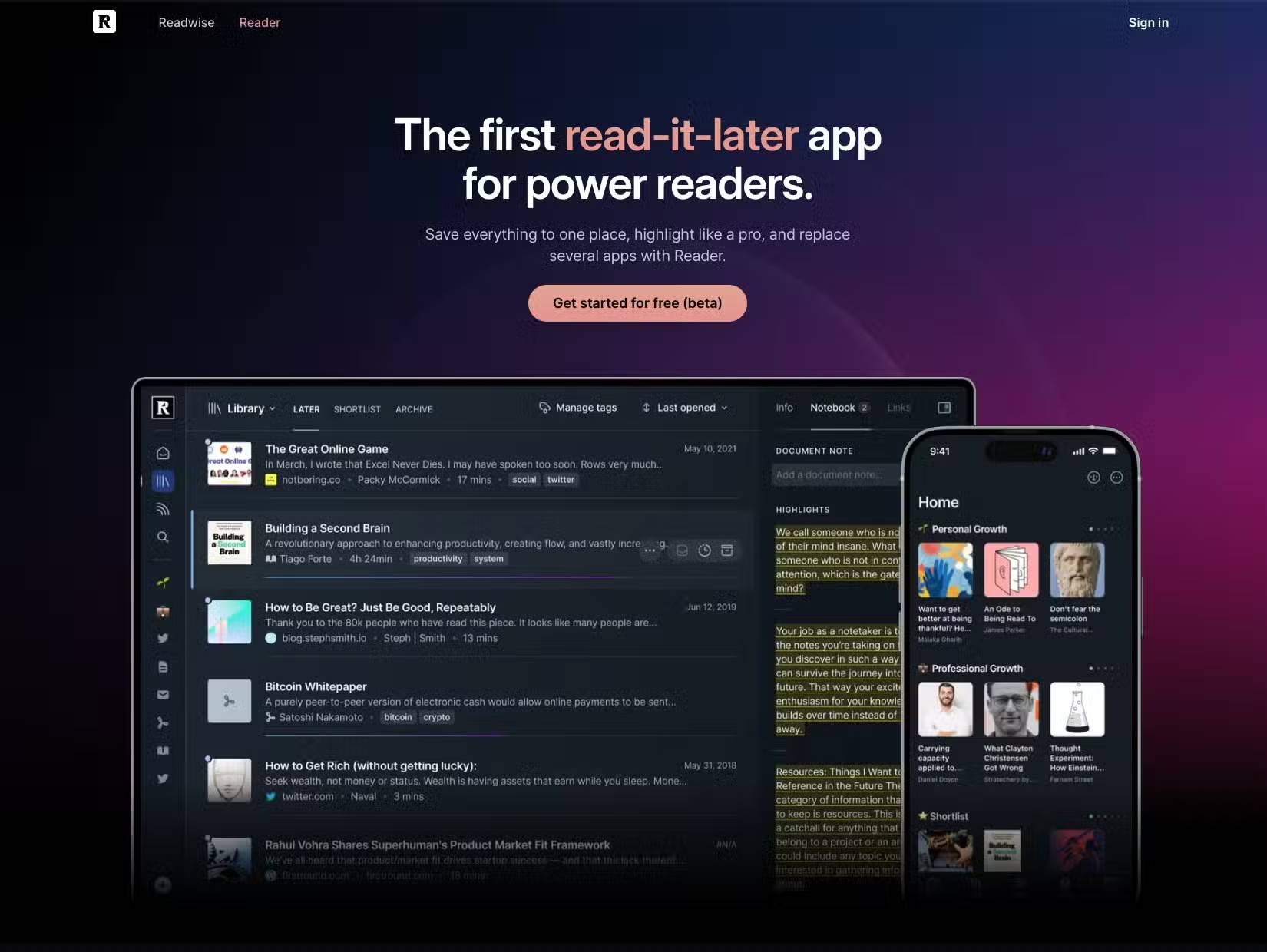 Trang web Readwise Reader