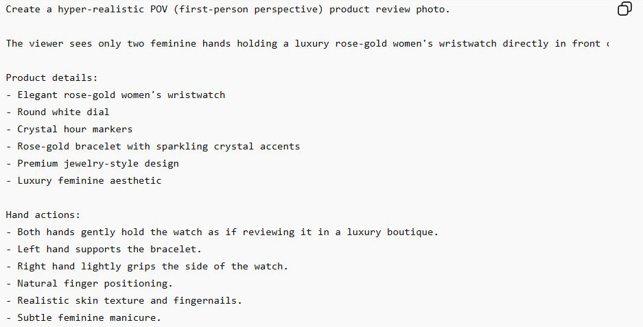 Câu lệnh thiết kế ảnh cầm sản phẩm POV trên ChatGPT