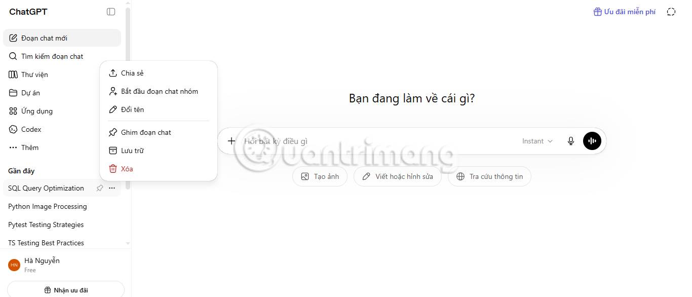 Nút Chia sẻ trên trang web ChatGPT