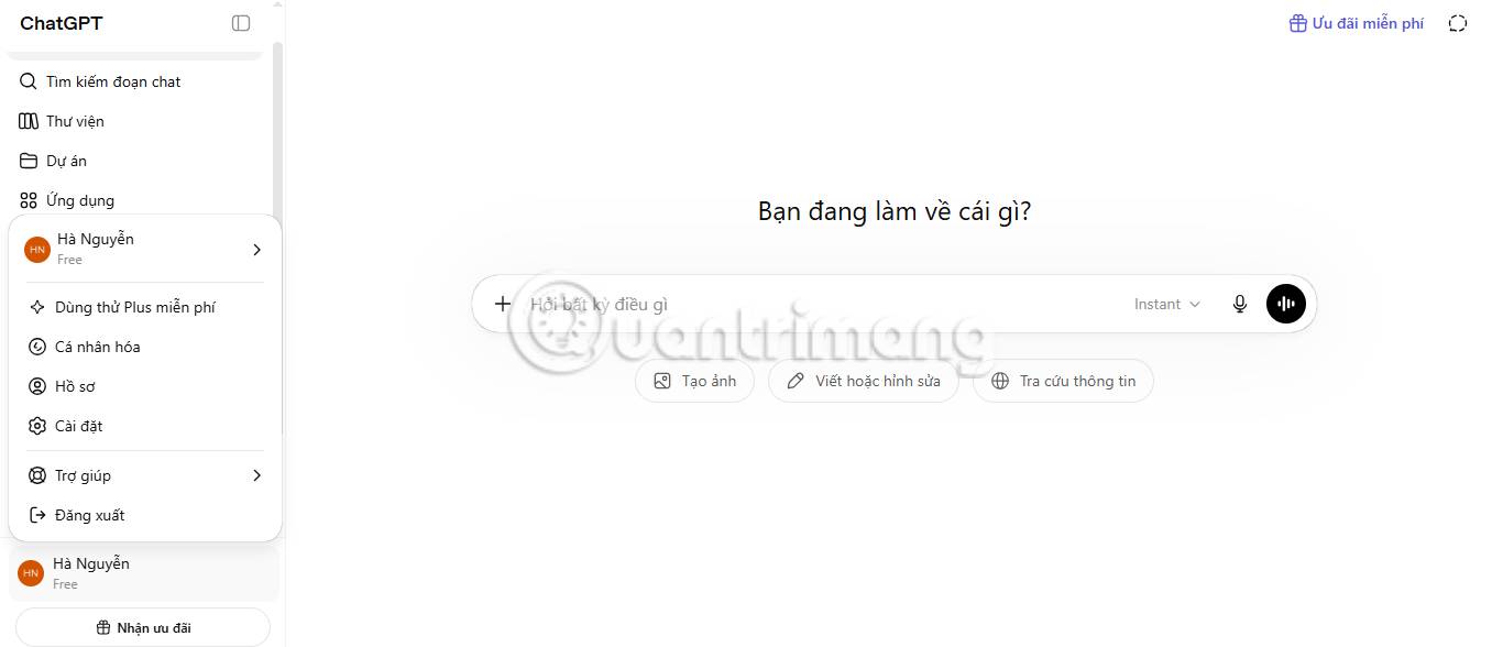 Phần Cài đặt trên trang web ChatGPT