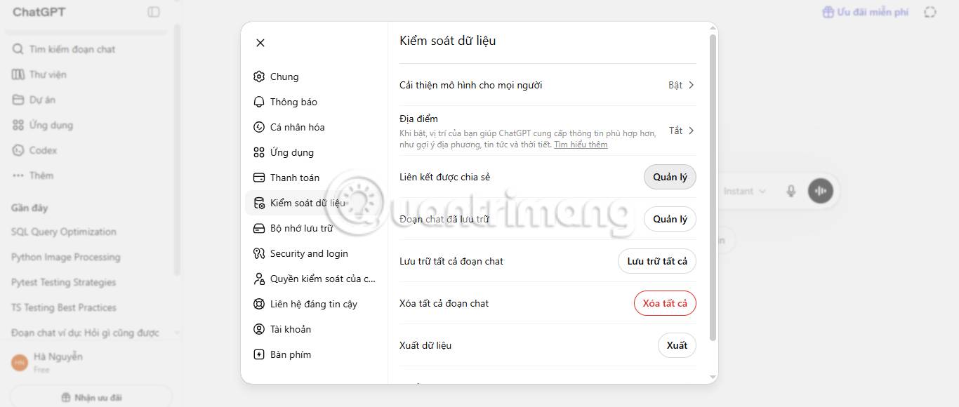 Nút Quản lý trên trang web ChatGPT