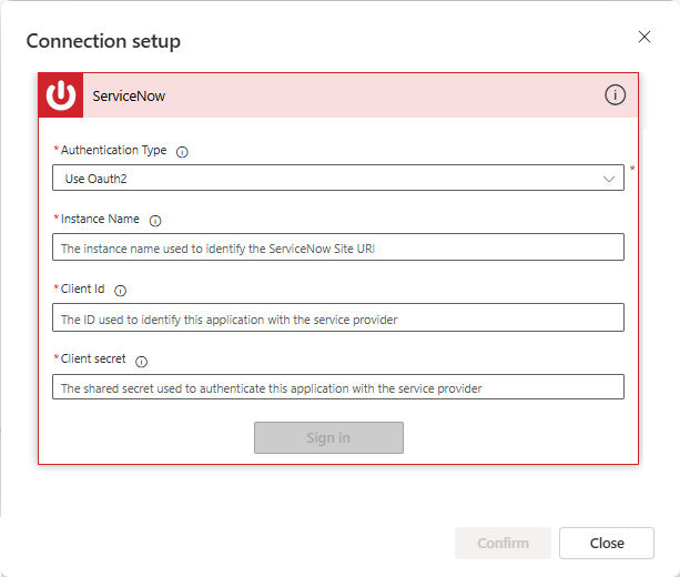 Trang kết nối ServiceNow.