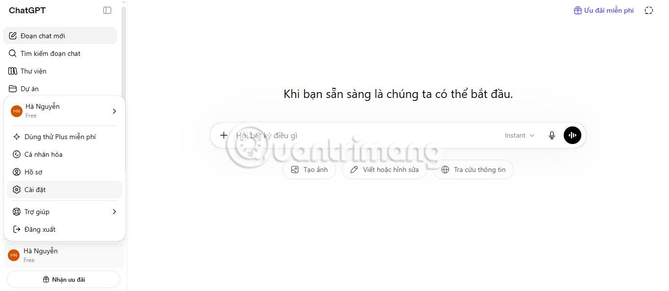 Phần Cài đặt trong trang web ChatGPT