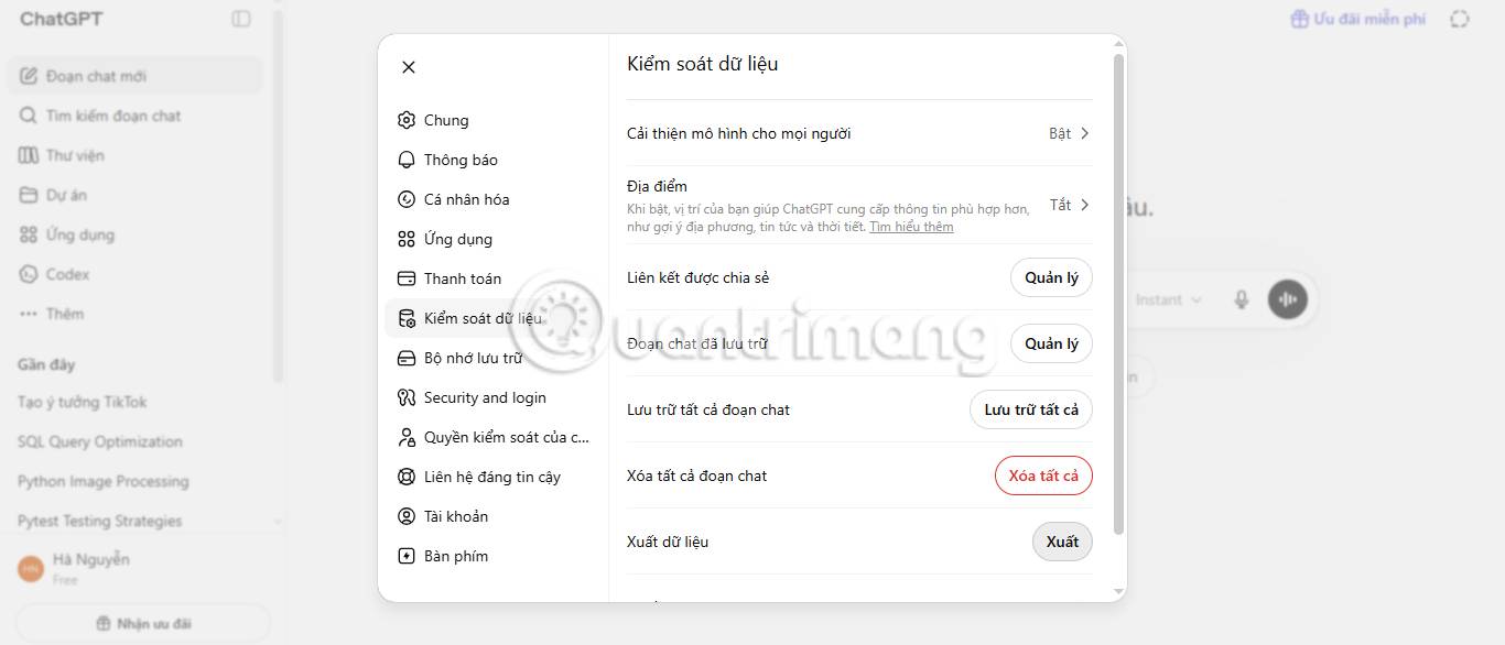 Tùy chọn Xuất trên trang web ChatGPT