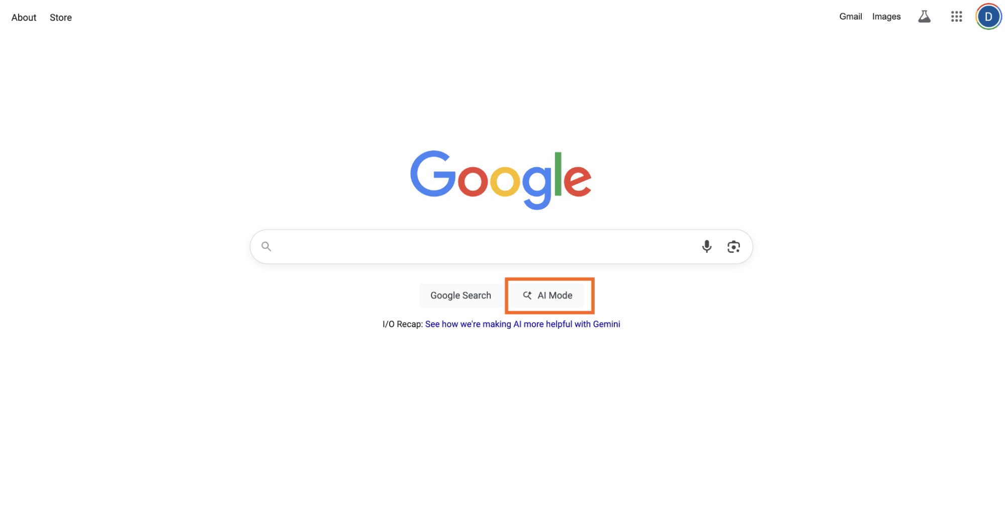 Trang chủ Google với nút "AI Mode" được highlight