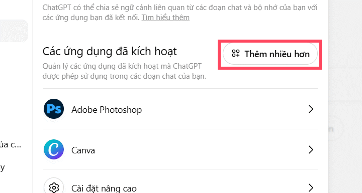 Thêm ứng dụng kết nối trên ChatGPT