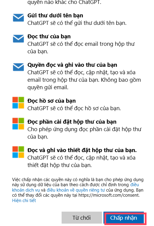 Đồng ý quyền ChatGPT với Outlook