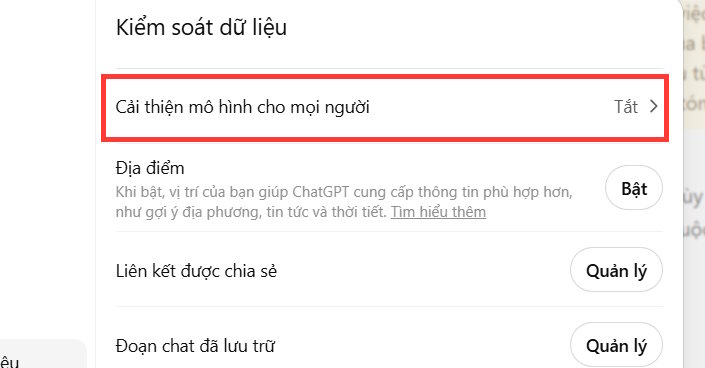 Tắt tính năng huấn luyện mô hình trên ChatGPT