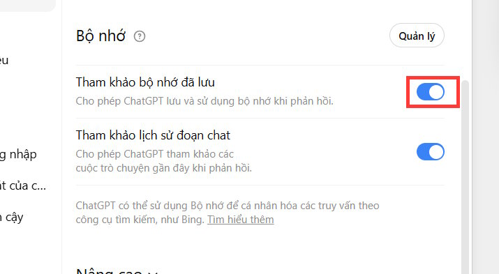 Tắt Tham khảo bộ nhớ đã lưu trên ChatGPT