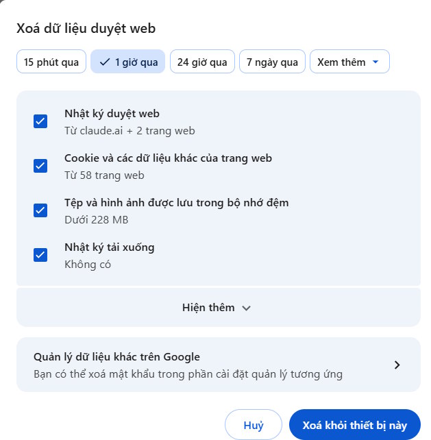 Xóa bộ nhớ cache trên trình duyệt