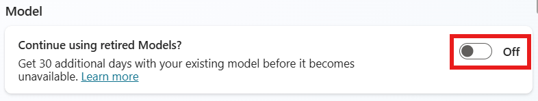 Vị trí của cài đặt Continue using retired models