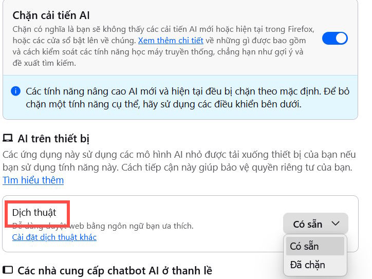 Chỉ dùng dịch AI trên Firefox
