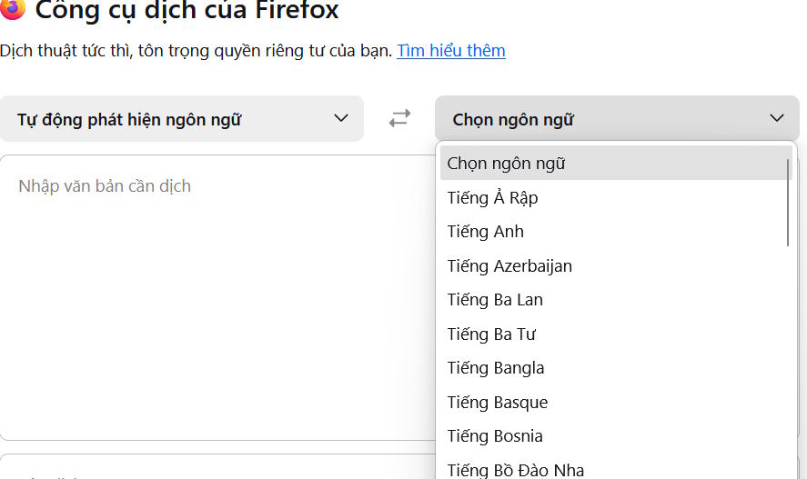 Chọn ngôn ngữ cần dịch bằng AI trên Firefox