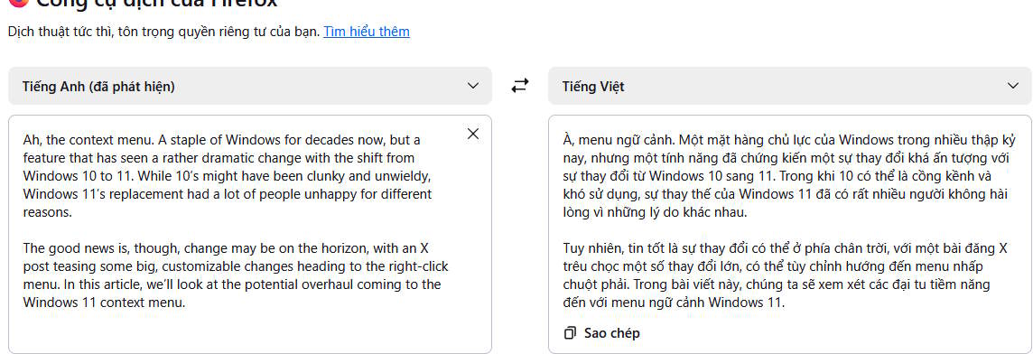 Nội dung dịch bằng AI trên Firefox