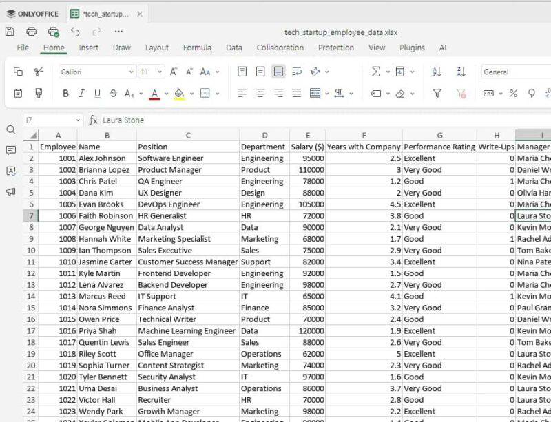 Bảng tính mẫu được tạo bằng prompt AI trong ONLYOFFICE Desktop Editors.