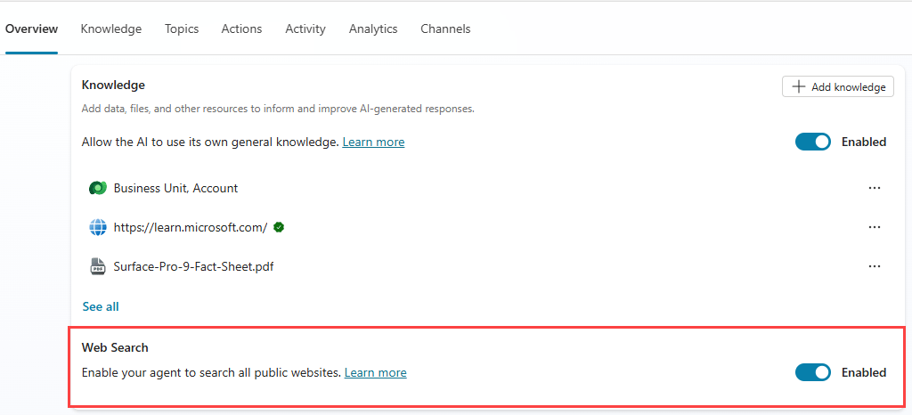 Trang Overview của agent, tập trung vào phần kiến thức và làm nổi bật thiết lập Web Search