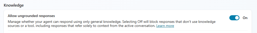 Cài đặt "Allow ungrounded responses" trong phần Knowledge