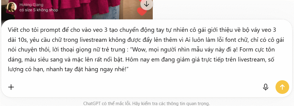 Tạo câu lệnh video livestream sản phẩm
