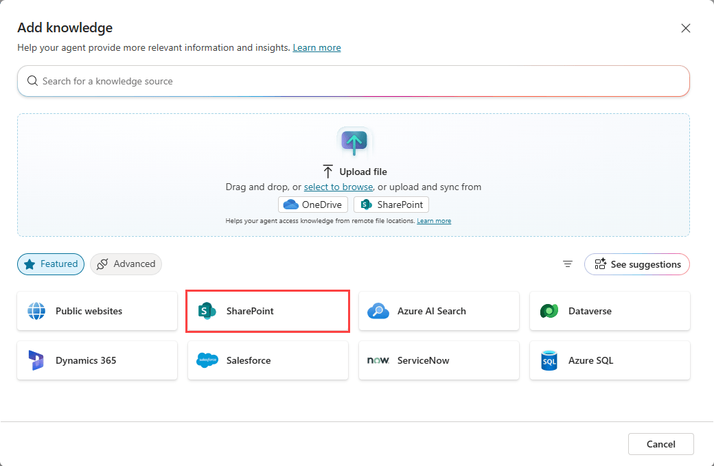 Hộp thoại Add knowledge với tùy chọn SharePoint
