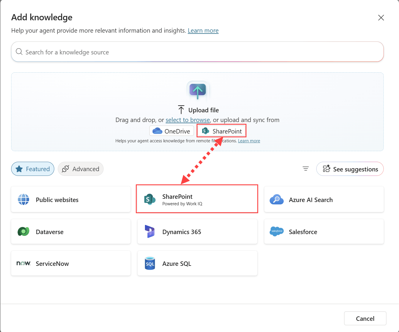 Hộp thoại Add knowledge với tùy chọn SharePoint trong mục Upload file