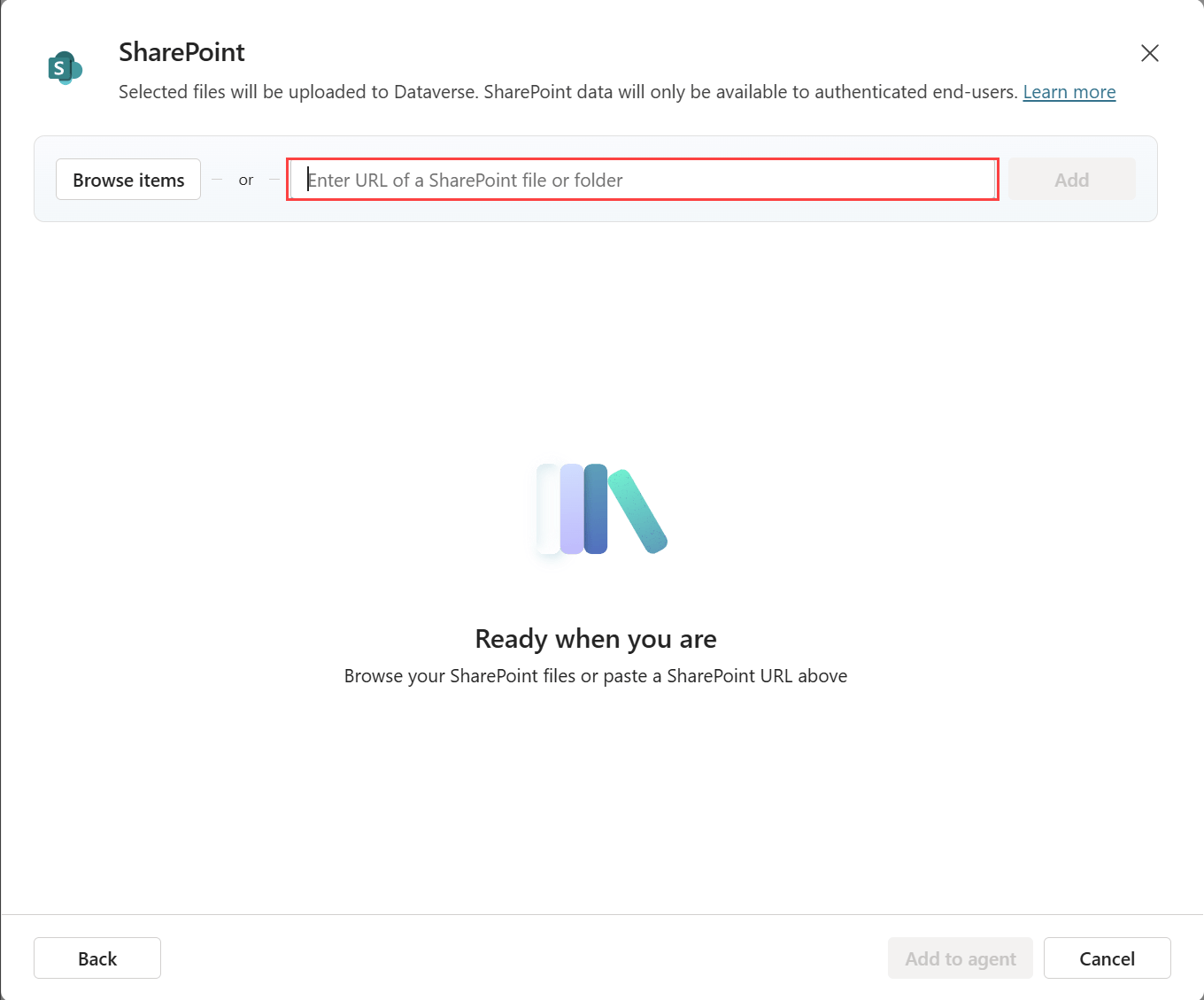 Hộp thoại Add knowledge, sau khi tùy chọn SharePoint được chọn, làm nổi bật các tùy chọn Browse items và nhập URL.