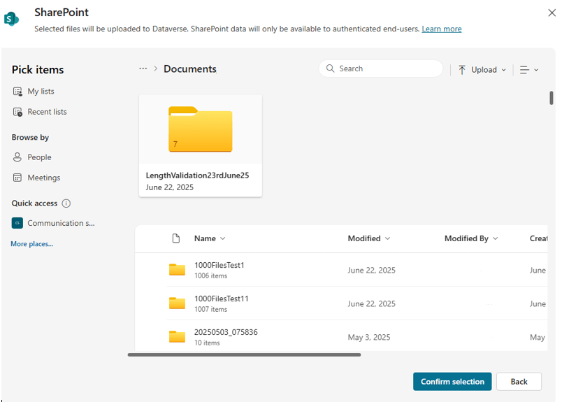 Hộp thoại Add knowledge, sau khi tùy chọn SharePoint được chọn và người tạo đã chọn tùy chọn Browse items để chọn danh sách.