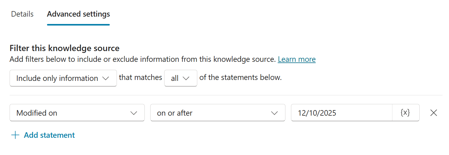 Advanced settings của nguồn kiến thức SharePoint, hiển thị ví dụ về các cài đặt đã cấu hình
