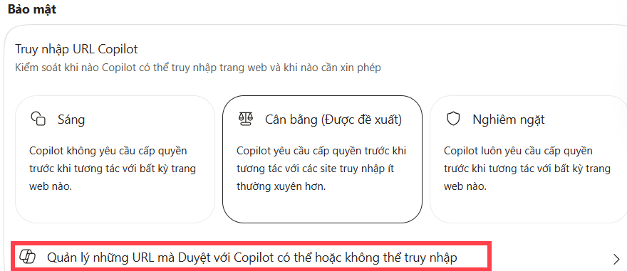 Quản lý những URL mà Duyệt với Copilot có thể hoặc không thể truy nhập trên Edge