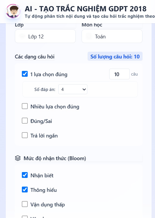 Thiết lập cấp học câu hỏi game dò mìn trên Giaoviendoimoi