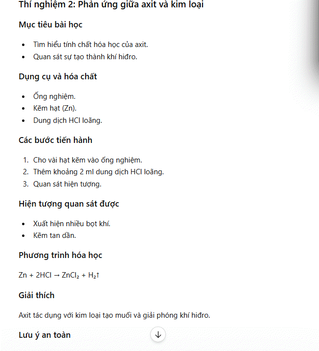 Nội dung thí nghiệm môn Hóa