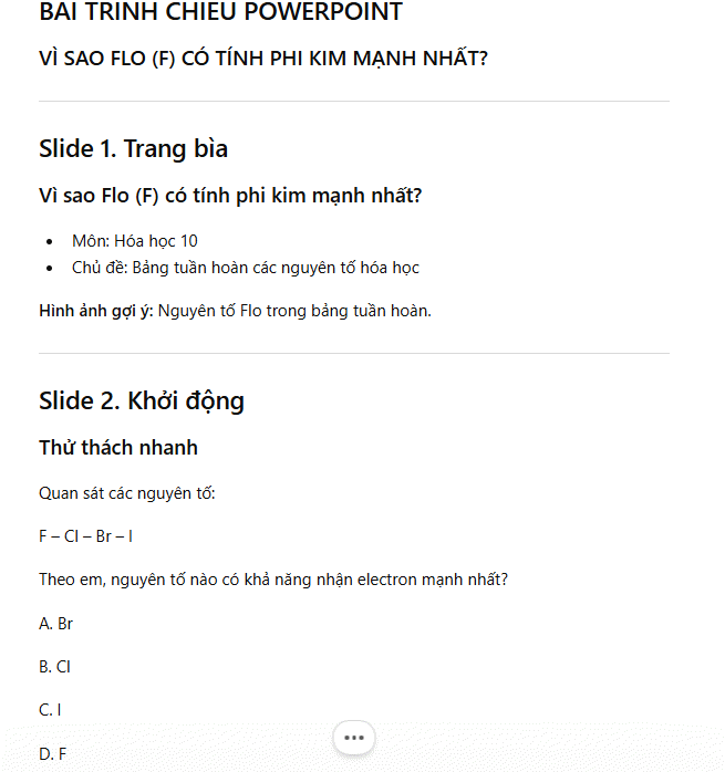 Tạo nội dung slide môn Hóa