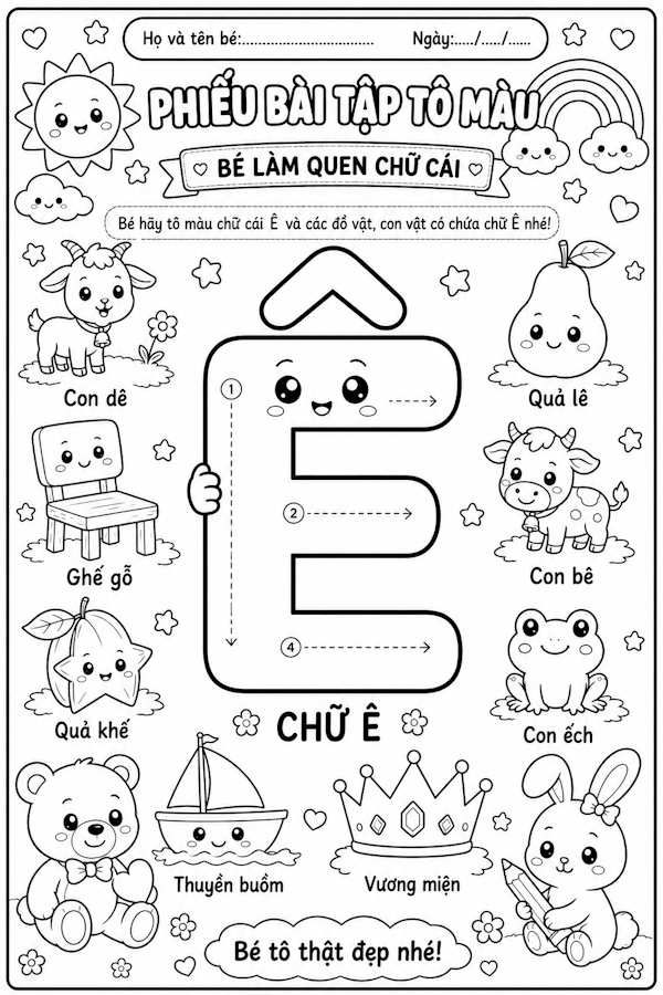 Tranh tô màu học chữ Ê